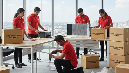Office movers disassembling office furniture and packing electronics in Sohna Sector 17, Gurugram