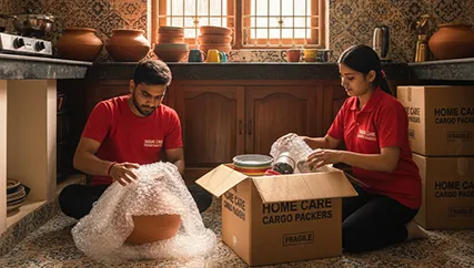 Movers wrapping kitchenware and fragile items in Sohna Sector 4, Gurugram