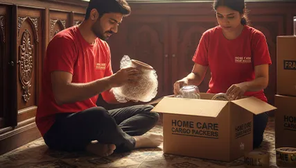 Movers wrapping fragile kitchen items and crockery in Sohna Sector 5, Gurugram