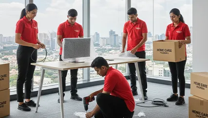 Office movers disassembling furniture and packing electronics in Sushant Lok Extension, Gurugram