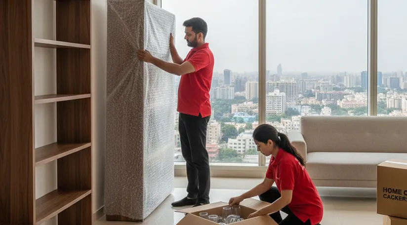 Movers packing household items and relocating in Sushant Lok Extension, Gurugram