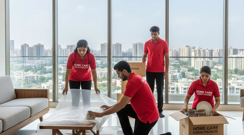 Movers packing household items in a modern apartment in Sushant Lok I, Gurugram