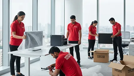 Office movers disassembling furniture and packing electronics in Sushant Lok Phase 2, Gurugram