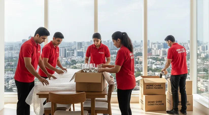 Movers packing household items in a modern apartment in Sushant Lok Phase 2, Gurugram