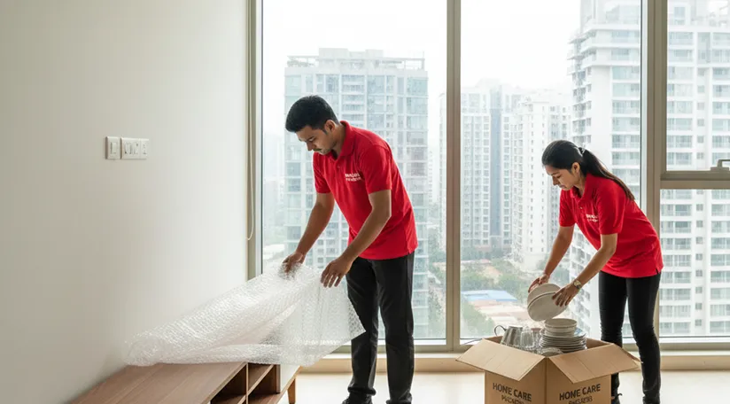 Movers packing household items and loading them into a truck in Sushant Lok Phase 3, Gurugram
