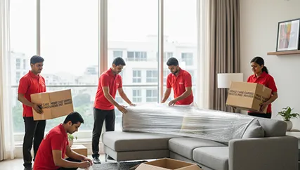 Moving team packing furniture and boxes for household relocation