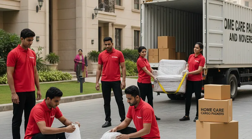 Professional movers loading household goods in modern apartment move