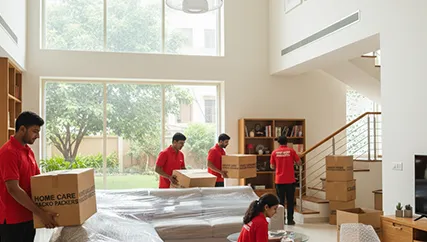 Team packing furniture and household goods carefully for home relocation