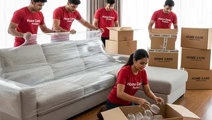 Household relocation team wrapping furniture and stacking fully packed, branded boxes neatly