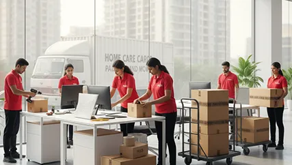 Office relocation with movers packing monitors and files into sealed, labeled cartons for safe transport