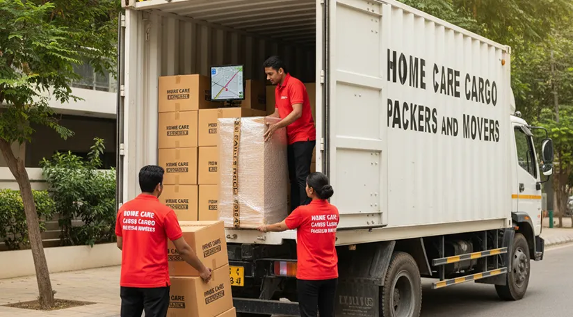 Uniformed movers from Home Care Cargo Packers sealing packed boxes and loading a container truck at a residential entrance