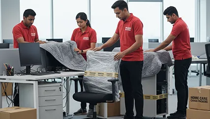 Office relocation with movers carefully packing computers and furniture in an office space