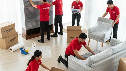 Movers packing household items like furniture and boxes with care in a spacious living room