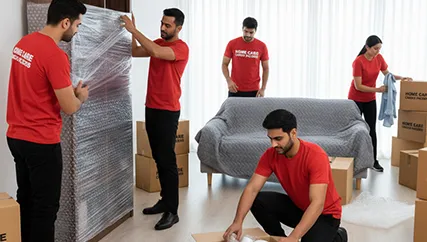 Movers carefully packing kitchen items, including dishes, pots, and pans in the kitchen