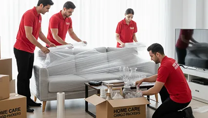 Movers packing living room furniture, electronics, and fragile items in a home