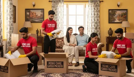 Indian movers in red uniforms carefully securing a motorcycle inside a transport truck. The truck is labeled with 'Home Care Cargo Packers' and the bike is protected for safe transport.