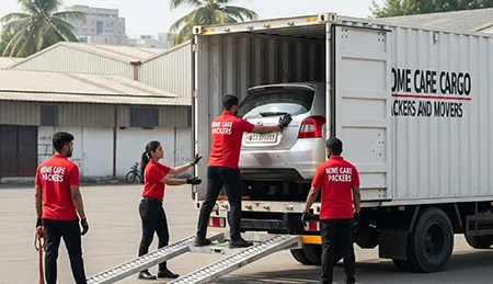 Indian movers in red uniforms with 'Home Care Cargo Packers' branding loading a car into a container truck with a ramp, parked in a warehouse area.