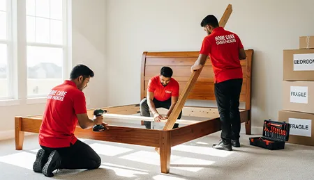 Movers disassembling large furniture and then reassembling it at the new location for safe transport