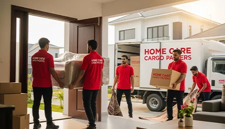 Movers unloading boxes and furniture during final delivery to a new home or office