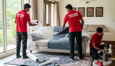 Movers covering large furniture like sofas and dining tables with protective padding and shrink wrap