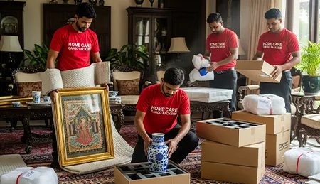 Movers carefully wrapping and packing fragile antiques such as vases and artwork with special packing materials