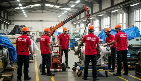 Specialized movers relocating heavy machinery and industrial equipment using cranes and dollies