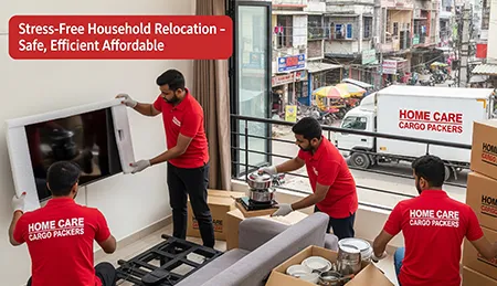 Professional Indian movers in red uniforms packing household items inside an apartment for relocation, with 'Home Care Cargo Packers' printed on their T-shirts and boxes. The truck with company branding is parked outside.
