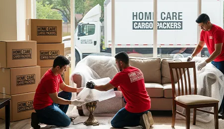 Indian movers in red uniforms wrapping delicate furniture and electronics for relocation inside a residential apartment. The boxes are labeled with 'Home Care Cargo Packers' and a white truck is parked outside.