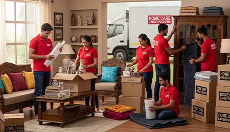 Indian movers in red uniforms with 'Home Care Cargo Packers' branding carefully packing household items in boxes, while a couple sits on the sofa observing, inside a well-lit living room.