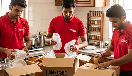 Home Care Cargo Packers team meticulously packing kitchenware for a safe household relocation.