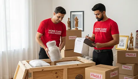 Movers preparing household goods for international relocation by packing items into shipping crates