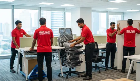 Office movers unloading desks, chairs, and office equipment into a new corporate space