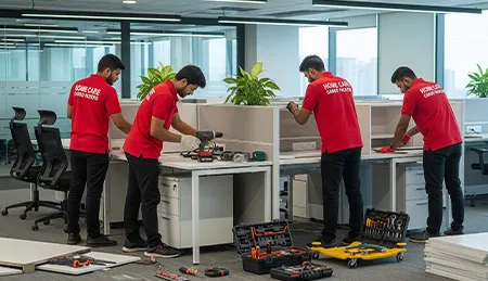 Office movers disassembling large office furniture like desks and cubicles for safe relocation