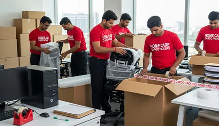 Professional movers relocating office furniture, equipment, and files inside a modern office space in India