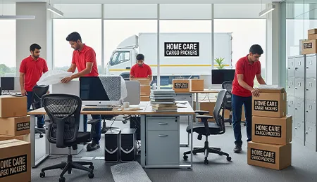Indian movers in red uniforms carefully packing office furniture, computers, and filing cabinets for relocation. The 'Home Care Cargo Packers' truck is visible in the background with company branding.