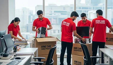 Home Care Cargo Packers' expert team efficiently handling an office relocation in a modern corporate setting.