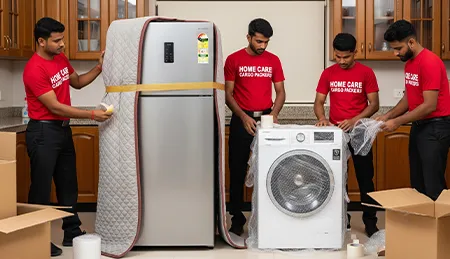Movers carefully packing large household appliances like refrigerators and washing machines into protective wrapping