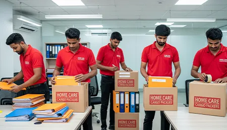 Movers organizing and packing sensitive office documents into secure boxes for safe relocation