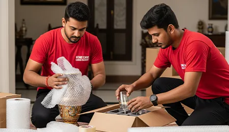 Movers carefully packing fragile items like glassware and electronics with bubble wrap and foam