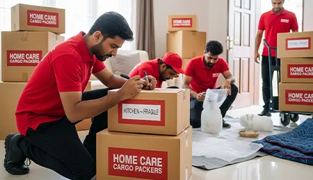 Movers packing and labeling boxes with household items for easy unpacking during relocation