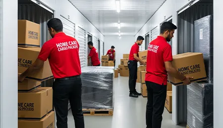 Movers packing household goods into crates and boxes for long-term storage with careful organization