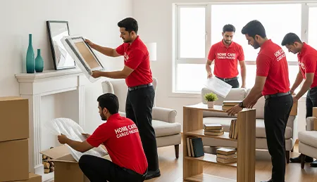 Movers carefully unpacking boxes and placing furniture into a new residential home, organizing everything