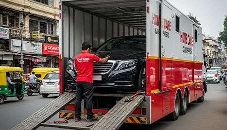A mover loading a luxury car onto a transport carrier, securing the vehicle for relocation