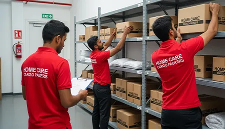 Professional movers carefully organizing household goods and office supplies in a clean, secure warehouse