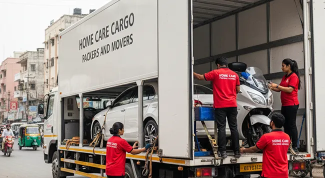 Careful loading of vehicles like cars and bikes for relocation, handled with utmost attention by Home Care Cargo Packers in Ahmedabad.