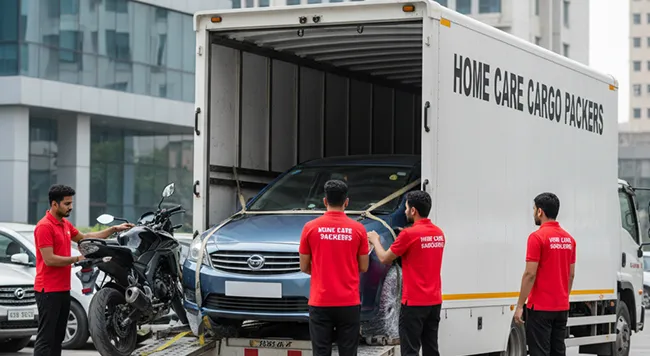 Safe and reliable car and bike relocation services with door-to-door delivery, handled by Home Care Cargo Packers in Gurugram.