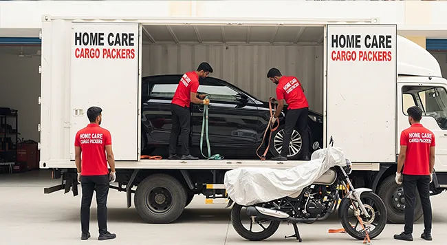 Home Care Cargo Packers team carefully loading a car and bike into a transport truck for secure vehicle relocation. Movers in red uniforms ensure proper handling and safety for the vehicles during transit.