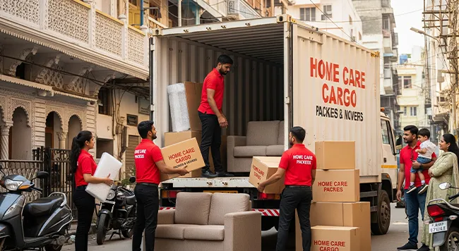 Home Care Cargo Packers team efficiently loading household items into a truck for relocation, with movers wearing branded red uniforms in an urban setting. Safe and secure moving services in action.