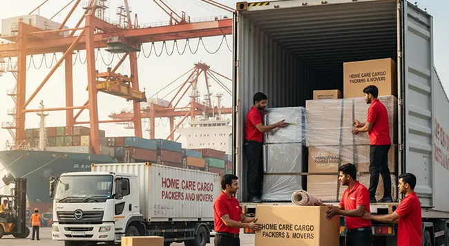 Global moving services with professional packing, shipping, and customs clearance, provided by Home Care Cargo Packers in Ahmedabad.