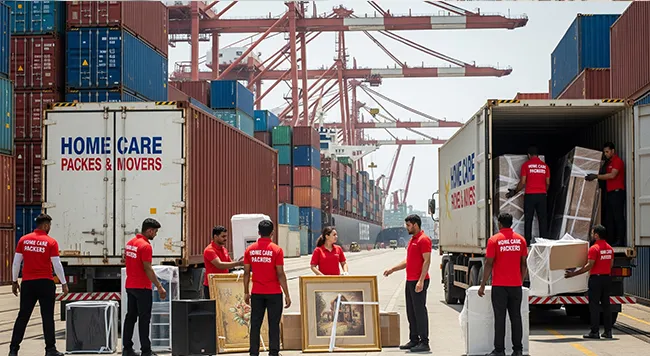 Home Care Cargo Packers team loading items into trucks at a port for international relocation. The scene includes large shipping containers and professional movers in red uniforms, emphasizing secure global transport services.